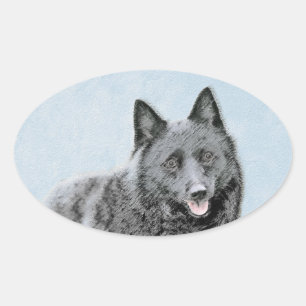 Pegatina Ovalada Pintura de Schipperke - Arte Perro Original Cuto