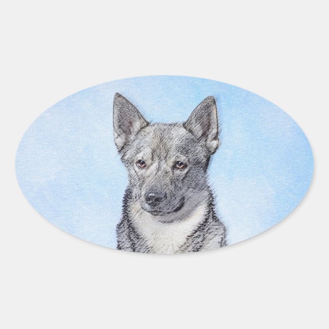 Pegatina Ovalada Pintura de Vallhund Sueca - Arte Perro Original Cu (Anverso)