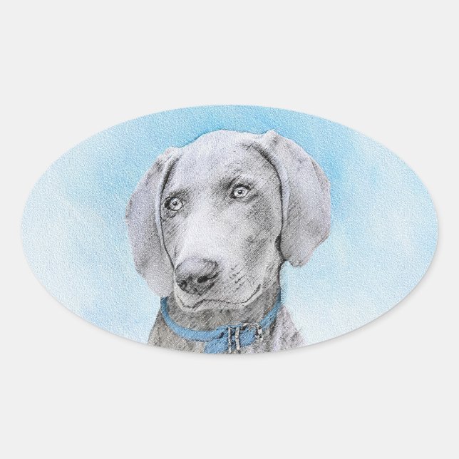 Pegatina Ovalada Pintura de Weimaraner - Arte de Perro Original. (Anverso)