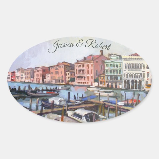 Pegatina Ovalada Pintura del Gran Canal, Venecia, Italia (Anverso)