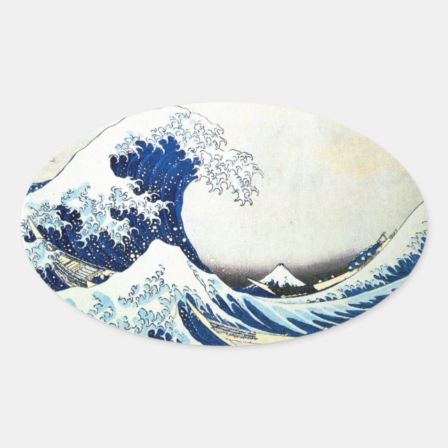 Pegatina Ovalada Pintura japonesa "La gran ola" de Hokusai (Anverso)