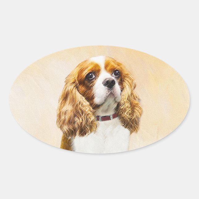 Pegatina Ovalada Pintura original de Cavalier King Charles Spaniel (Anverso)