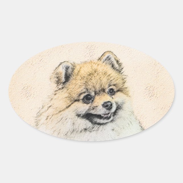 Pegatina Ovalada Pintura Pomerania (Naranja) - Arte Perro Original (Anverso)