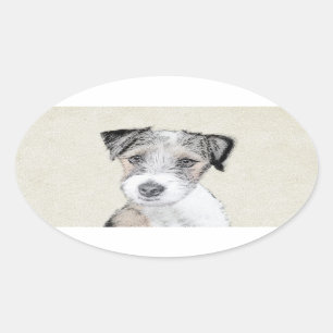 Pegatina Ovalada Pintura Rusell Terrier - Arte Perro Original