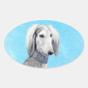 Pegatina Ovalada Pintura Saluki (plateada) - Arte Perro Original.
