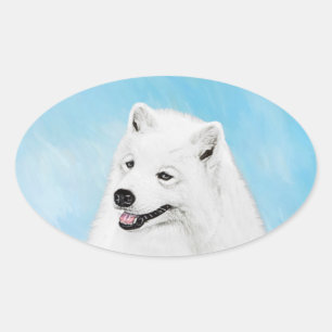 Pegatina Ovalada Pintura Samoyed - Arte Perro Original Cuto