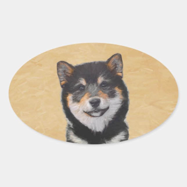 Pegatina Ovalada Pintura Shiba Inu (Negro y Tan) - Arte de perro (Anverso)