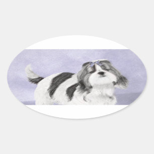 Pegatina Ovalada Pintura Shih Tzu - Arte Perro Original.