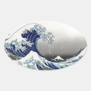Pegatina Ovalada PixDezines Vintage, Gran Ola, Hokusai 葛飾北斎の神奈川沖浪