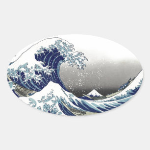 Pegatina Ovalada PixDezines Vintage, Gran Ola, Hokusai 葛飾北斎の神奈川沖浪