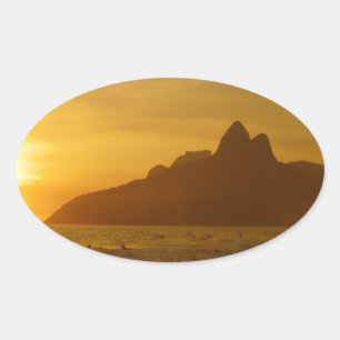 Pegatina Ovalada Playa al Atardecer Océano Tropical Agua Paz Amor A