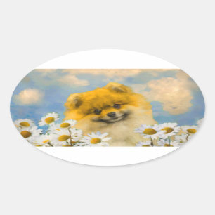Pegatina Ovalada Pomerania en pintura de Daisies - Arte de perro or