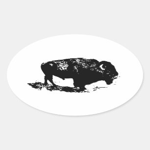 Pegatina Ovalada Pop Art Black Búfalo Blanco Bison Silhouette