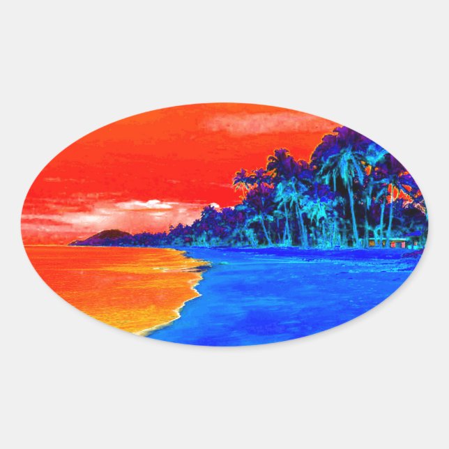 Pegatina Ovalada Pop Art Exotic Beach Palm Trees (Anverso)