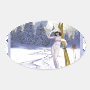 Pegatina Ovalada Poster de viajes Vintage, Ski Italia