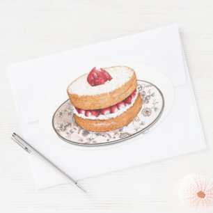 Pegatina Ovalada Postre vintage de tarta de fresa sobre porcelana