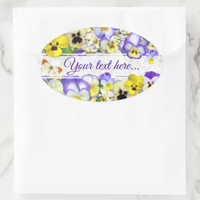 Pegatina Ovalada Pretty Pastel Pansies Your Text (Bolso)