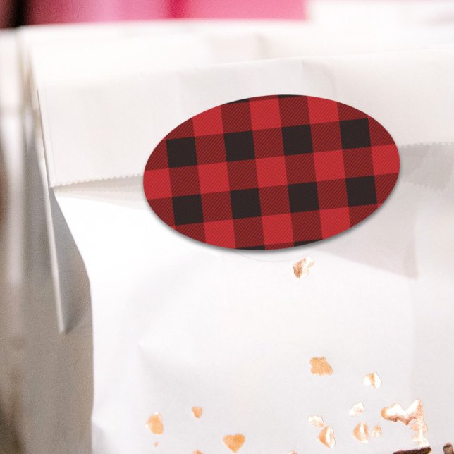 Pegatina Ovalada Primitiva cabaña Red Búfalo Tapado leñador (Primitive Cottage Red buffalo Plaid lumberjack Oval Sticker)