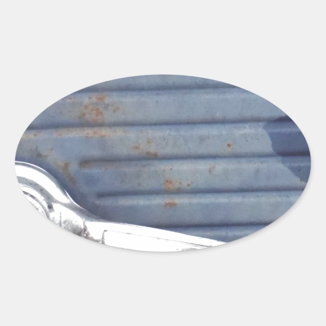 Pegatina Ovalada Puerta azul vintage, manija plateada (Anverso)