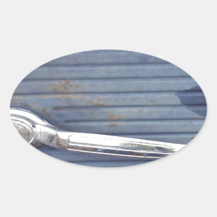 Pegatina Ovalada Puerta azul vintage, manija plateada