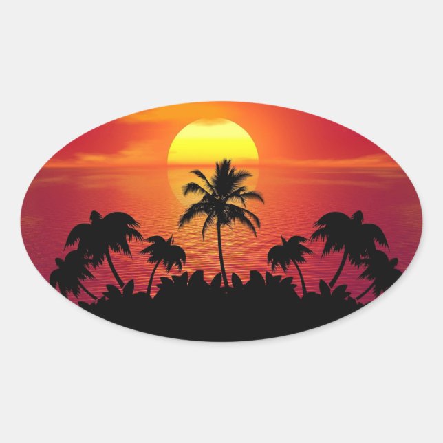 Pegatina Ovalada Puesta de sol tropical palmeras silueta playa (Anverso)