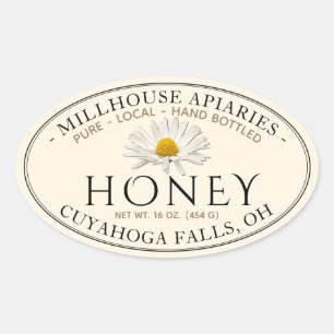 Pegatina Ovalada Pura mano local embotellada miel cruda con margari