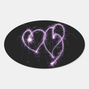 Pegatina Ovalada Purple Two Sparkler Hearts