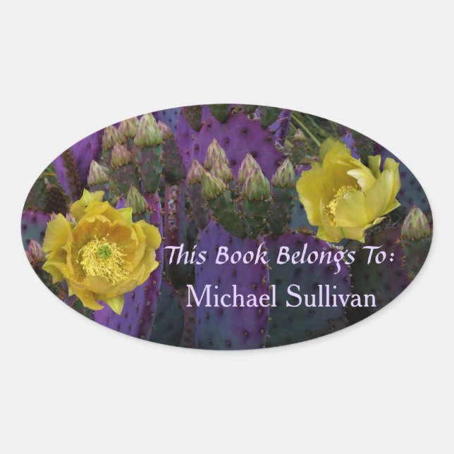 Pegatina Ovalada Púrpura Pear Opuntia Cactus Flores Amarillas (Anverso)