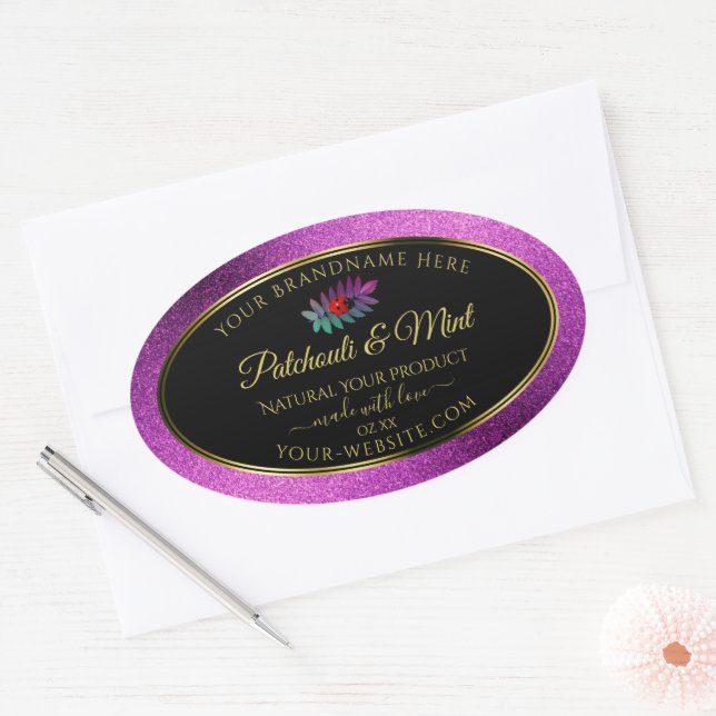 Pegatina Ovalada Purpurina púrpura moderno Ladybug negro de etiquet (Sobre)