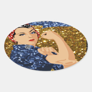 Pegatina Ovalada purpurina rosie the riveter
