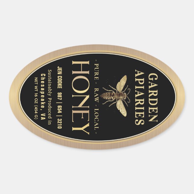 Pegatina Ovalada Queenline 16 y 32oz Black Honey Jar Queen Bee (Anverso)