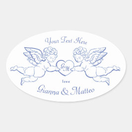 Pegatina Ovalada Querubines sosteniendo corazón parejas iniciales C