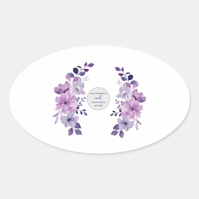 Pegatina Ovalada Ramo de flores púrpura acuarela (Anverso)
