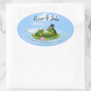Pegatina Ovalada Ranas bodas en Lily Pad
