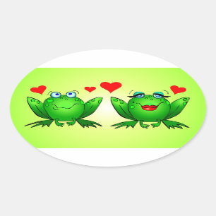 Pegatina Ovalada Ranas de dibujos animados verdes corazones rojos d