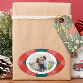 Pegatina Ovalada Red and Green Plaid Family Photo Merry Christmas