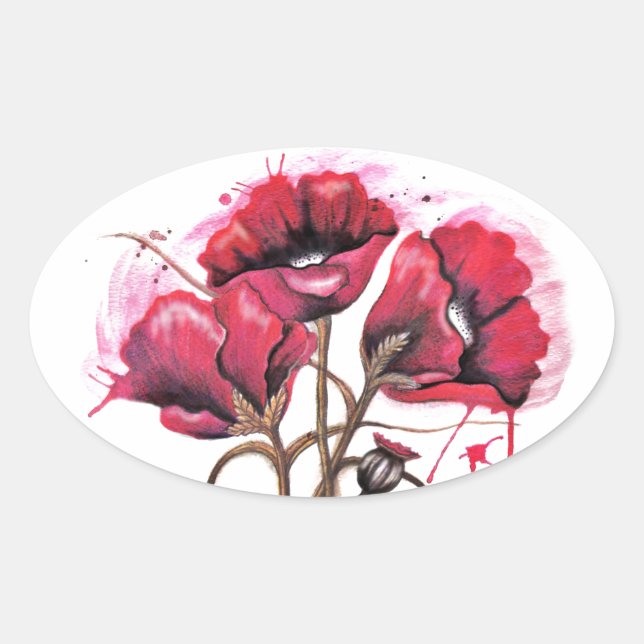 Pegatina Ovalada Red Poppy Watercolor (Anverso)