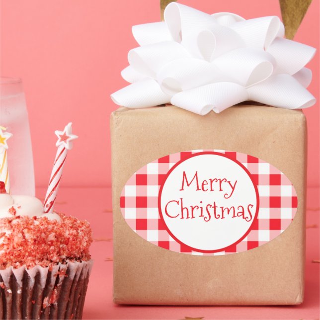 Pegatina Ovalada Red White Check Whimsical MERRY CHRISTMAS (Fiesta)