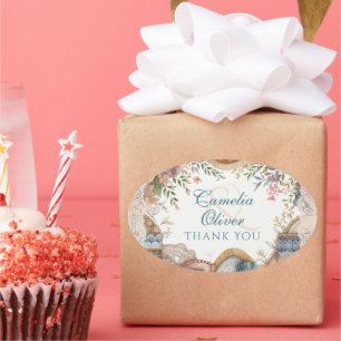 Pegatina Ovalada Regalo de Favor de Boda Maximalista Floral Vintage