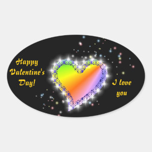 Pegatina Ovalada Regenbogen-Herz mit Sternchen auf schwarz