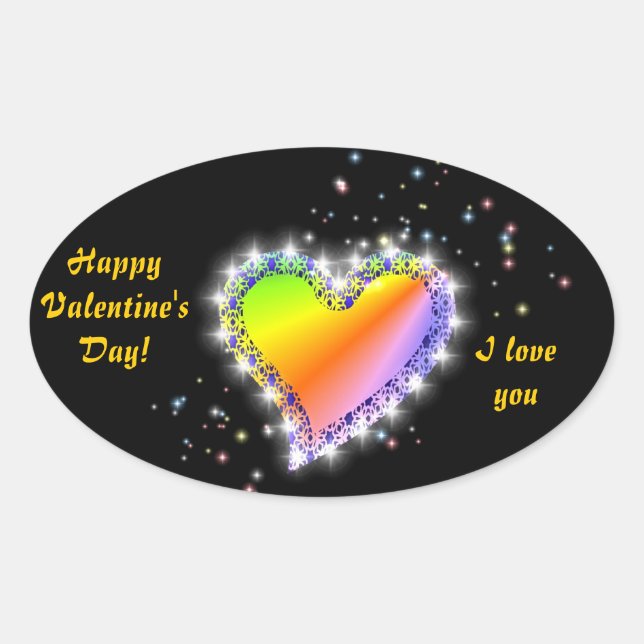 Pegatina Ovalada Regenbogen-Herz mit Sternchen auf schwarz (Anverso)