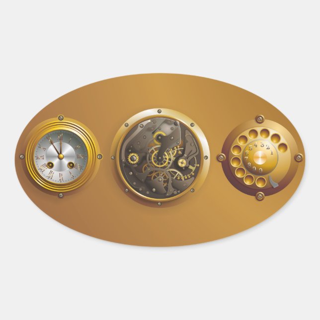 Pegatina Ovalada reloj steampunk (Anverso)