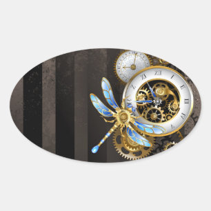 Pegatina Ovalada Reloj Steampunk con libélula mecánica
