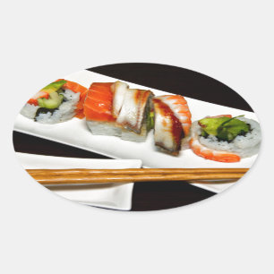 Pegatina Ovalada Restaurante de comida de sushi come comidas exótic