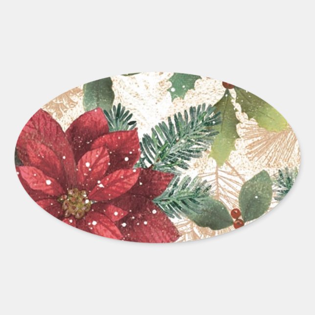 Pegatina Ovalada Retro 50 Poinsettia Crema Verde Rojo (Anverso)