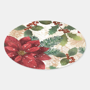 Pegatina Ovalada Retro 50s Flor de Nochebuena Rojo Verde Crema