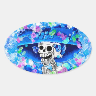 Pegatina Ovalada Ríe mujer esqueleto en bonnet azul