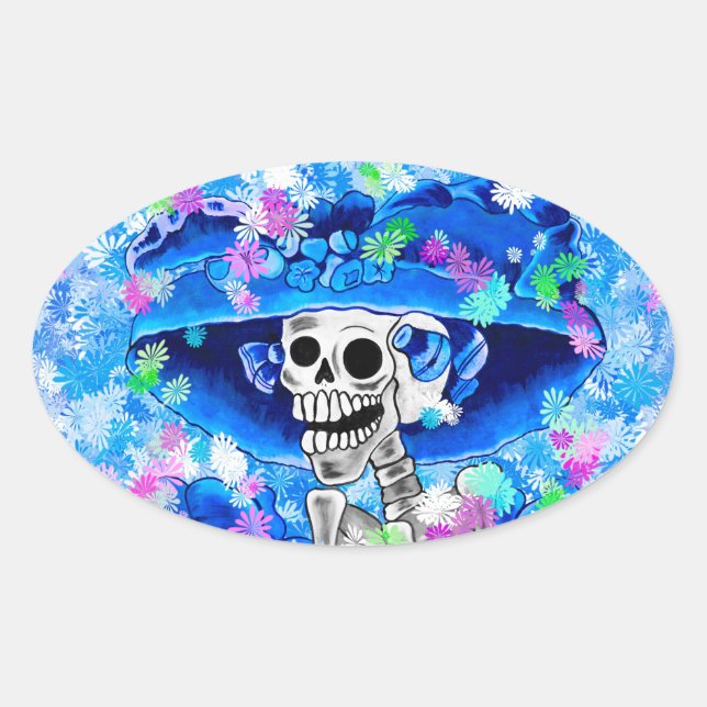 Pegatina Ovalada Ríe mujer esqueleto en bonnet azul (Anverso)