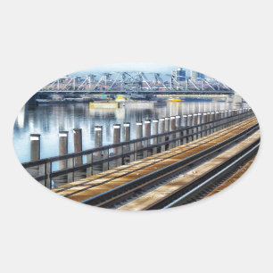 Pegatina Ovalada río de los edificios de la ciudad de bronx new yor