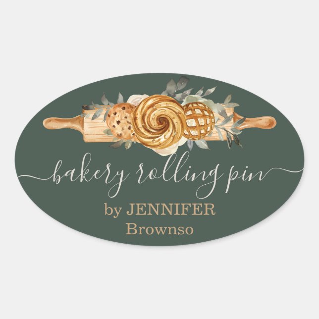 Pegatina Ovalada Rolling Pin Bakery Cookies Pan sabio elegante (Anverso)